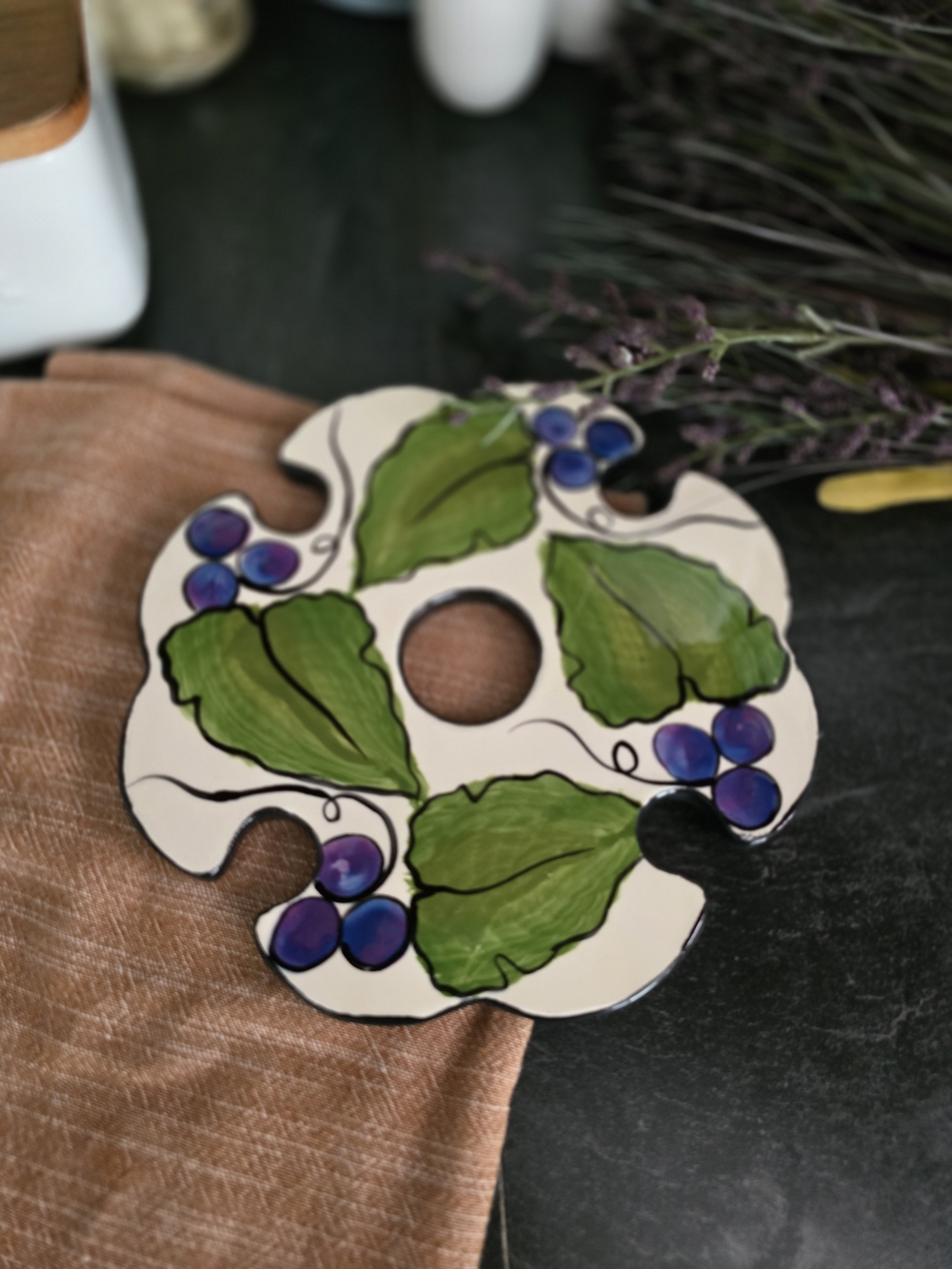 Source Unknown Green & Purple Ceramic Trivet with Leaf Motif